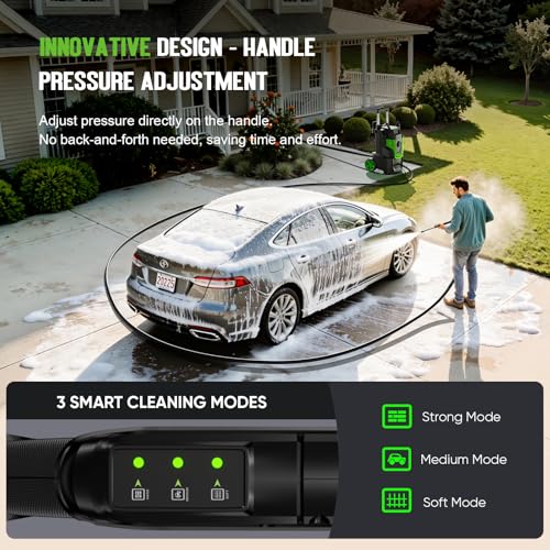 5000PSI Heavy Duty Pressure Washer, 3-Speed Adjustable Power Washer with 2-Stage Pull Rod, 4 Nozzles, Foam Cannon & 500ml Soap Bottle for Car, Home & Outdoor Cleaning,Green