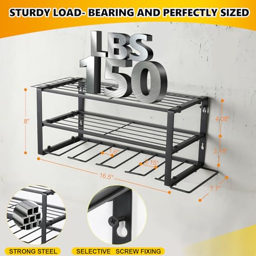 YHYLWJ Wall Mount Power Tool Organizer, 3 Layers Garage Wall Organize with 4 Cordless Drill Holders, Storage Rack for Workshop/Garage, 150Lbs Load Capacity, Heavy Duty Iron, Matte Black