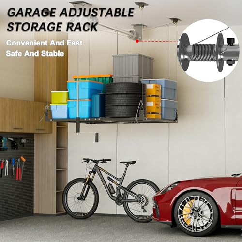 Soywey Garage Ceiling Storage Racks,4x4 FT Garage Storage Lift with Secure Lock,Heavyweight Overhead Rack for Easy Up Down,Industrial Elevator System Holds 400 Lbs