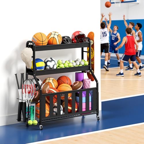 Keepmisc Sports Equipment Organizer, Large Capacity Garage Ball Storage Rack with Wheels, Heavy-Duty Rolling Ball Cart for Basketball, Soccer & Sports Gear