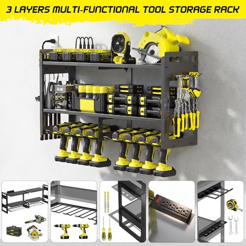 TOPRINCE Large Power Tool Organizer Wall Mount with Charging Station, 3-Tier Heavy Duty Metal Tool Rack with 8 Drill Holders and 6FT Power Strip, Garage Workshop Storage.Black