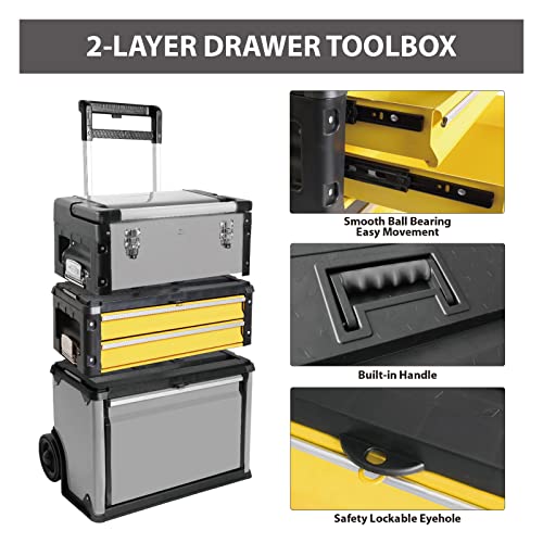 BIG RED Stackable Portable Metal Tool box Organizer with Wheels and 2 Drawers, Rolling Upright Trolley Tool Chest for Garage or Workshop,Yellow,ATRJF-C305ABDYR