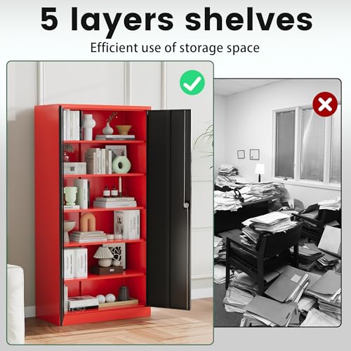 Letaya Metal Storage Cabinets with Lock, 71" Tall Locker Organizer Steel Cabinets, Adjustable Shelves 2 Doors for Home, Office, Warehouse,Garage,Industrial,Employee Lockers (Style B, Black Red)