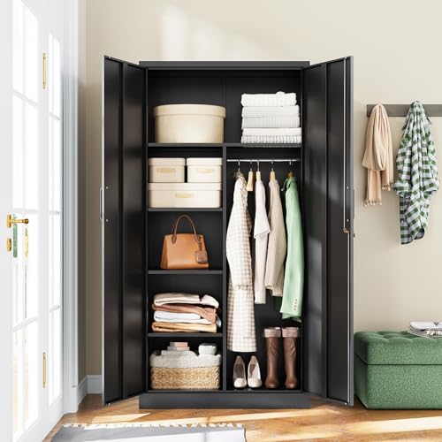 Letaya Metal Storage Cabinets Locker with Lock Door, 72'' Clothing Coat Steel Storage Freestanding Wardrobe for Office, Home, School, Employee,Gym,Fire Department (Black)