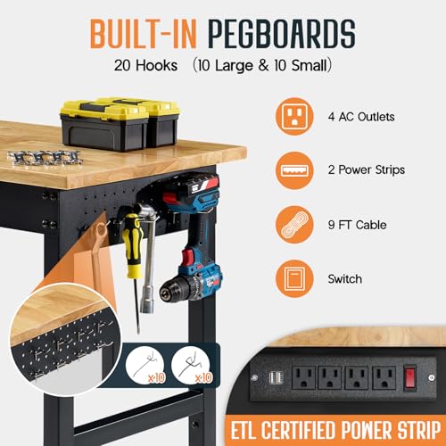 SPECRAFT 72" Adjustable Heavy Duty Workbench with 4 AC Outlet and 2 USB Ports Power Outlets, 6000 Lbs Capacity, Rubber Wood Top for Garage, Workshop, Office