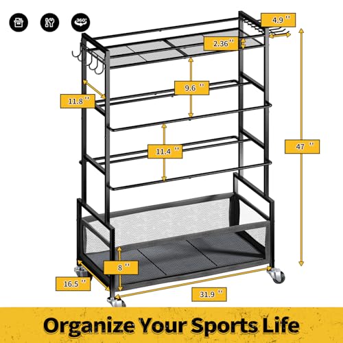 SOYEEZE Sports Equipment Organizer- Ball Storage for Garage,4 Tiers Outdoor Toy Storage,Soccer Racks,Basketball Shooting Training Stand Cart with Wheels and Hooks for Home-School and Gym Use