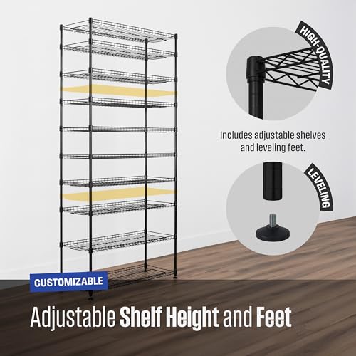 SafeRacks 10-Tier Pantry Shelf, Metal Wire Shelving Unit with Adjustable Shelves & Feet, Anti-Tip Kit, NSF Certified Steel Storage Rack for Kitchen or Garage Black 14" DÌ—36" WÌ—68" H