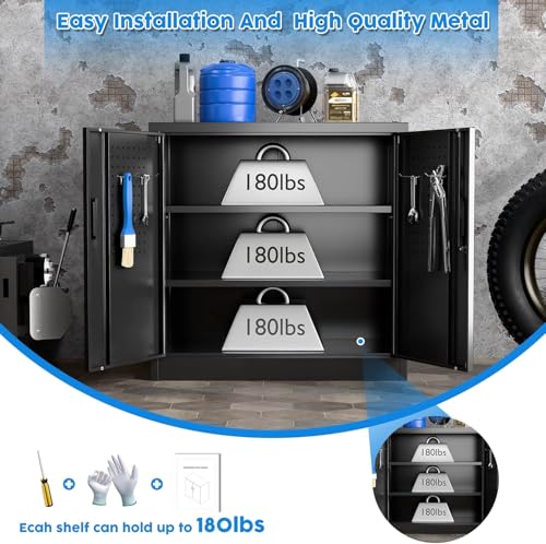 JAORD Metal Storage Cabinet with 2 Lockable Doors and 2 Adjustable Shelves, Locking Garage Storage Cabinet with Pegboard, Small Metal Cabinet with Lock for Garage, Home, Black, Assembly Required