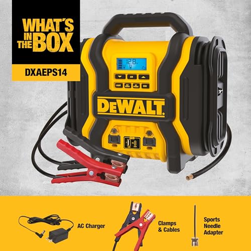 DEWALT DXAEPS14 2000 Peak Battery Amp 12V Automotive Battery Booster Jump Starter/Power Station with 120 PSI Compressor, 500W AC Power Inverter, and 15W USBa & 25W USB Ports
