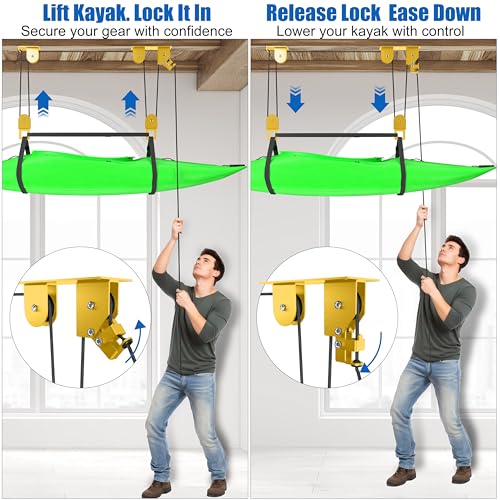 KOSEOO 2 Pack Kayak Hoist for Garage Ceiling Storage, Kayak Lift Pulley System with 85 lbs Capacity for Lightweight Kayak, Ladder, Bike, Surfboard