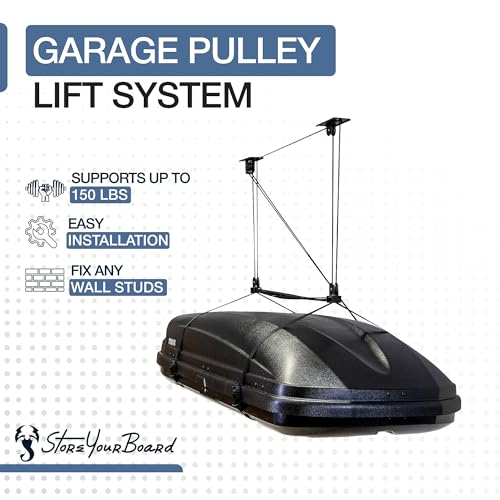 StoreYourBoard Cargo Box Pulley System – Heavy-Duty Garage Hoist Lift for Rooftop Carriers – Garage Storage & Garage Organization Ceiling Hoist with Pulley – Holds 150 lbs - Fits 8–10 ft Ceilings