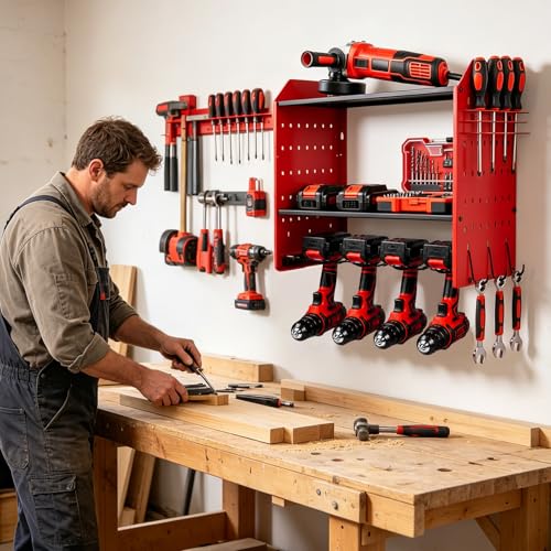 YKNIUNIU Power Tool Organizer Wall Mount, Garage Drill Storage Shelf with Hooks, Heavy Duty Metal Premium Garage Tool Shelf,Cordless Tool Storage Rack for Garage, Tool Room,Red