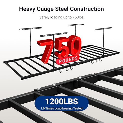 FLEXIMOUNTS 4x8 Overhead Garage Storage Rack with 6 Hooks, Adjustable Storage Organization System, Heavy-Duty Metal Ceiling Racks, 22.6" -39.4" Ceiling Dropdown, Black, Lite Series