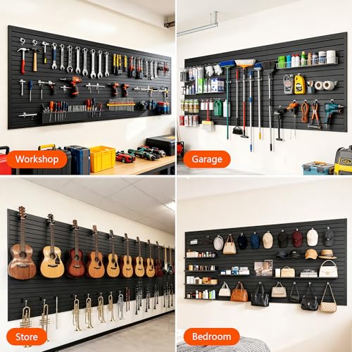 Slat Wall Paneling 4ft x 8ft, Slatwall Panel PVC Garage Storage System Heavy Duty Wall Mounted Tool Organizer, Slate Board Wall Rack for Tools, Power Equipment & Organization,Black