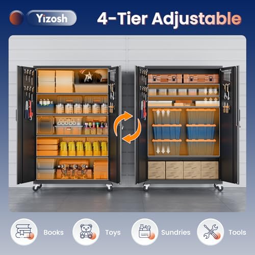 Yizosh Metal Garage Storage Cabinet with Locking Doors and Adjustable Shelves,- 71" Rolling Steel Tool Cabinet for Home Office,Garage,Warehouse