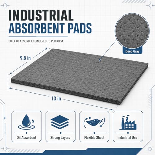 Hoolerry 100 Pcs Oil Absorbent Pads Bulk Heavy Weight Dimpled Garage Absorbing Pad Water Absorbent Mat Trimmable Oil Spill Mat for Garage Floor Workshop Auto Fluid Cleanup (9.8 x 13 Inch,Gray)