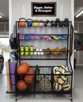 AMPLY Sports Equipment Organizer, Rolling Sports Ball Storage Garage Rack with Large Ball Bins, Side Bat Grid and Multi-Tier Shelves, Steel Rust-Resistant Gear Cart for Families, Schools, Gyms