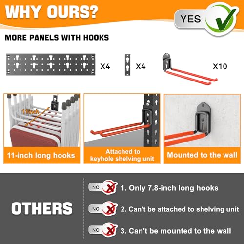 TORACK Garden Tool Organizer Wall Mount, Garage Folding Chair Storage Rack, Tools Rack for Shovels, Rakes, Broom, Ladders, Hooks for Keyhole Style Shelving Unit