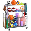 WUC Sports Equipment Garage Organizer - Garage Ball Storage Rack with Basket, Hooks and Rolling Cart for Sports Gear and Toy Storage, Grey