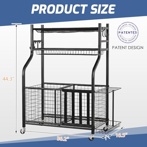 PLKOW Sports Equipment Organizer - Garage Storage Rack with Basket and Hooks, Garage Ball Storage for Toy and Sports Gear, Black