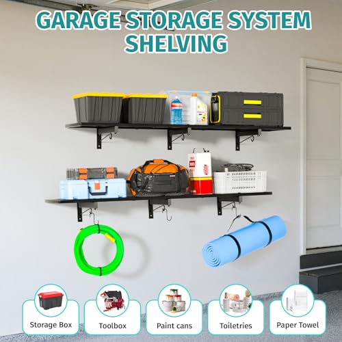 2 Pack Garage Wall Shelving, 46'' x 12.6'' Garage Shelf Wall Mounted, Heavy Duty Storage Shelves 360 LBS Capacity, Floating Storage Rack with 8 Hooks, Metal Shelf Organizer for Basement, Workshop