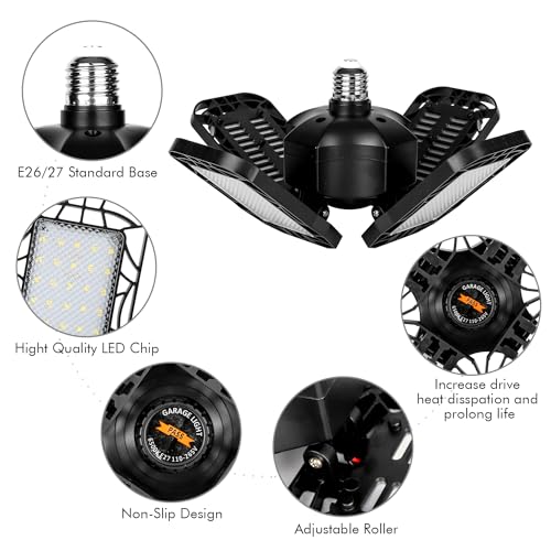 Tudoccy LED Garage Light 4 Pack, 120W Ultra Bright LED Shop Light with 4 Adjustable Panels, 18000LM E26/E27 Base Deformable Ceiling Fixtures for Garage, Workshop, Attic, Basement, Barn (Black-4 Pack)