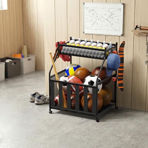 CACHOLIV Garage Sports Equipment Organizer with Wheels - Garage Ball Storage with Elastic Rope and 6 Hooks - Home Gym Storage for Basketball Soccer - Outdoor Storage Rack for School Playground (Black)
