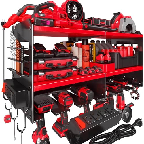 Spampur Fathers Day Gift – Power Tool Organizer Wall Mount with Charging Station, 420 lb Capacity 3-Tier Storage Rack Holds 6 Drills, Side Slots for Screwdrivers & Bits, Garage Storage for Men Gifts