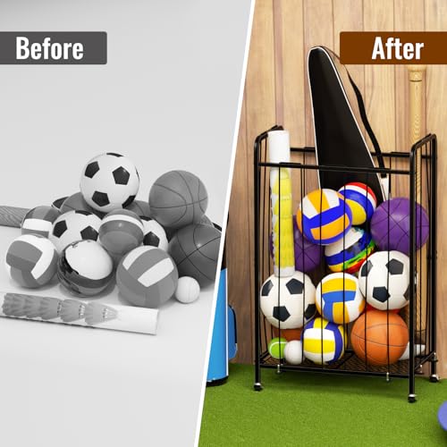 RAUMRIGGE Garage Ball Storage with Wheels, Ball Sports Organizer Storage Cart, Sports Equipment Organizer, Sports Ball Rack With Elastic Rope, Garage Organization Storage Rack, Ball Holder, Black