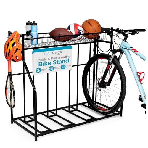 BIRDROCK HOME Bike Rack Garage Storage Floor Stand - Freestanding Organizer for Outdoor Yard - Upright Wall Mount for Scooters, Rakes, Motorcycles, Hoverboards, Gloves - Holds 4 Bicycle - Black