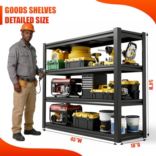 KILISTEELS 45" W Garage Shelving Heavy Duty, 2400LBS Loads Adjustable Garage Storage Shelves,4-Tier Metal Storage Racks and Shelving Units, Utility Rack Shelves,45" W x 18" D x 54" H,Black