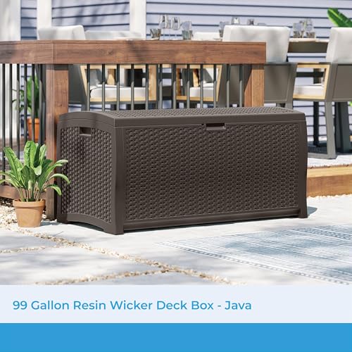 Suncast DBW9200 99 Gallon Outdoor Wicker resin Patio Storage Chest Bin with Handles for Patio, Garden, Garage, or Pool for All Weather, Mocha