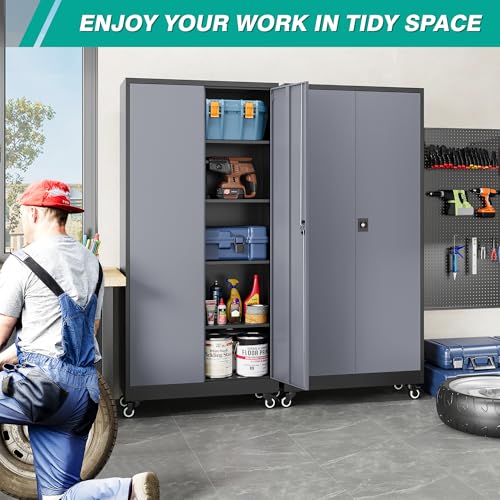 SISESOL 75" Tall Metal Storage Cabinet with Wheels,Rolling Garage Storage Cabinet with Lock,Gray Metal Cabinets with Wheels and Shelves,Tall Tool Cabinets on Wheel for Garage,Home,Office,Shop