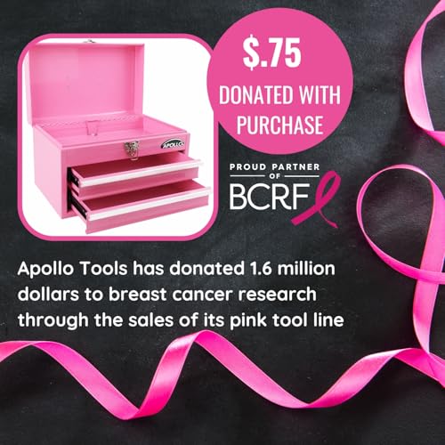 Apollo Tools 14 Inch Steel Tool Box with Deep Top Compartment and 2 Drawers in Heavy-Duty Steel With Ball Bearing Opening and Powder Coated Finish - Pink Ribbon - Pink - DT5010P