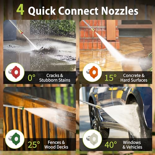 Yeryork Pressure Washer, 3000 PSI Power Washer with 4 Lockable Wheels, Stainless Steel Lance, 4 Quick Connect Nozzles, 500ml Foam Cannon for Car/Decks/Driveways/Patios (Fluorescent Green)