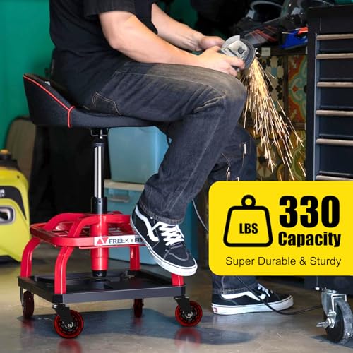 FreekyFit Rolling Stool with Red Wheels, Heavy Duty Garage Work Mechanic Rolling Shop Stool with Backrest, Adjustable Height 360°Swivel Roller Mechanic Chair with 2 Tool Trays, 330 LBS Capacity