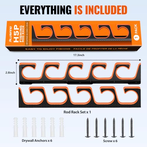 PLUSINNO H5P Fishing Rod/Pole Holders for Garage, Fishing Rod Holder Ceiling or Wall Mounted Rod Rack, Fishing Gear Equipment Storage Organizer Holds up to 5 Rods or Combos or Nets