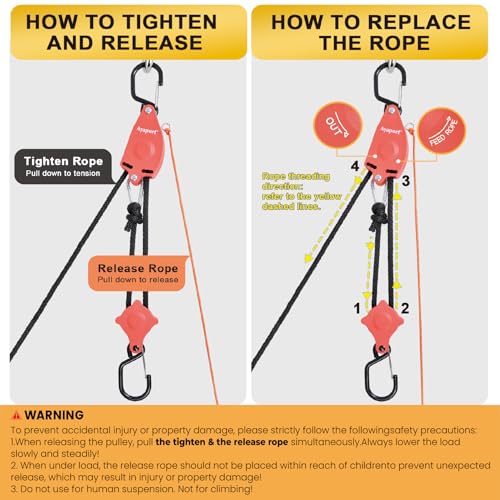 Ayaport Self Locking Block and Tackle Pulley System with 36' x 3/8" Rope, Hoist Limit 70LBS, Tie Down Limit 350LBS Rope Hoist Hanger for Bike, Kayak, Deer Hunting Garage Storage Gear,1 Pack