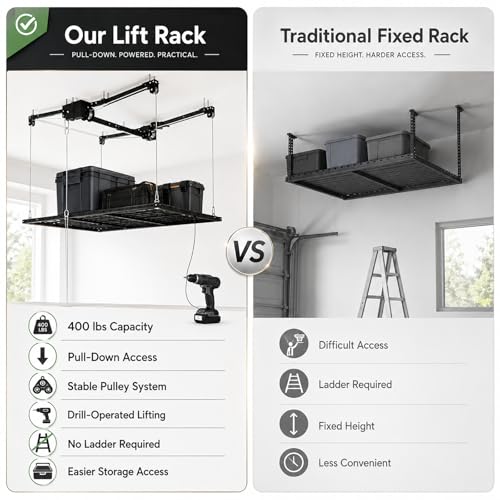 Overhead Garage Storage Rack 5x9 FT, Pull Down Garage Ceiling Storage Lift System with Drill-Operated Crank, Heavy Duty Ceiling Mounted Organizer with Safety Lock, 400 LBS Capacity
