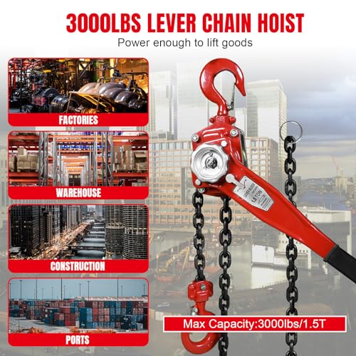 Big RED Manual Lever Chain Hoist,1-1/2 Ton 3000 lbs Capacity Come Along,G80 Grade Steel with Double-Pawl Brake,2 Heavy Duty 360° Rotation Hooks for Garage Factory Warehouse Ports Automotive Machinery