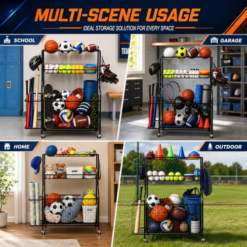 DuraMax Sports Storage Rack for Garage with Wheels, Ball Storage Rack and Sports Equipment Storage Rack, Garage Sports Organizer with Mesh Bin, Basket, Hooks and Bat Rack