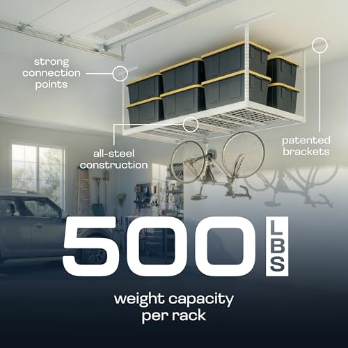 2-Pack 4 x 8 MonsterRax Overhead Garage Storage Rack, Ceiling Racks for Garage, Organization Shelving, Adjustable Hanging Shelf, White, 24"-45" Height Adjustment,