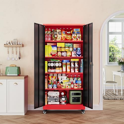 Letaya Metal Garage Storage Cabinets with Lock Door and Adjustable Shelves, Steel Tool Cabinets for Home,Office,Warehouse Organisieren (Black Red, 75" H)