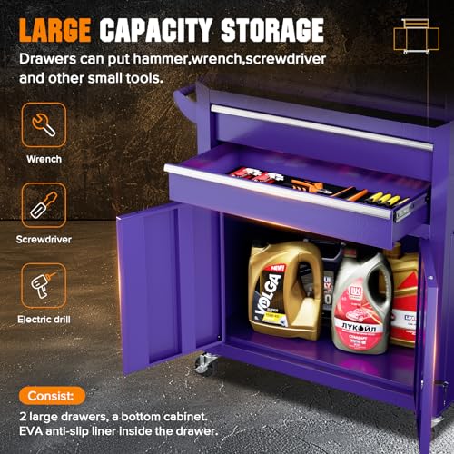 Oakcloud Lockable 8-Drawer Rolling Tool Chest & Cabinet Combo with Black Liner – Heavy-Duty Steel Garage Tool Box on Wheels – Detachable Top Toolbox & Bottom Storage Cart with Side Hooks, Purple