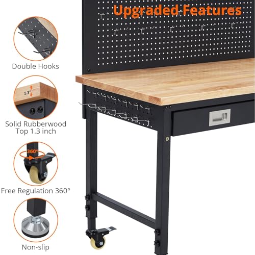 48" Adjustable Workbench with Wheels, 2000 LB Capacity, Power Outlets, Solid Hardwood Top, Heavy Duty Garage Work Table for Workshop, Home Office, DIY