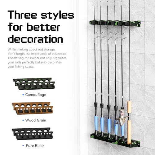 Tcakelox 2 Packs Fishing Rod Holder for Garage Vertical Wall-Mounted Stores 12 Rods or Combos Fits Most Rod Diameters (Vertical Black, 2 Pair 12 Rods)