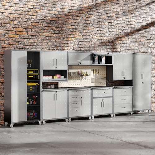 FLIXELIO Garage Storage Cabinets System 10 PCS Workshop Set with Drawers Locking Heavy Duty Rolling Cart with Adjustable Shelves Garage Tool Workbench Cabinets (10 PCS)