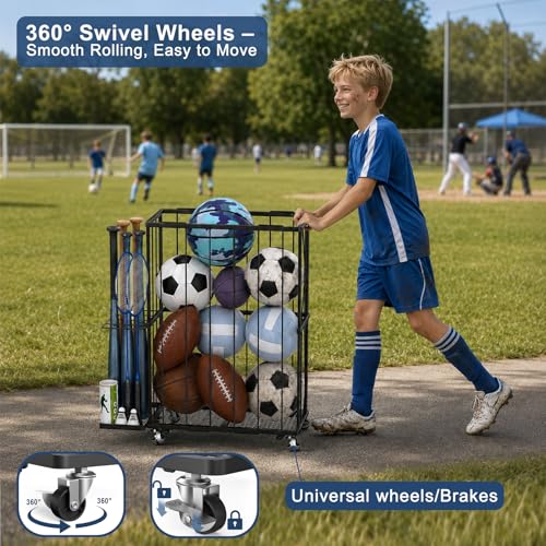 Ball Storage Rack with Wheels, Rolling Ball Organizer for Garage with Side Bat Holder, Basketball Holder for Soccer and Football Sports Equipment Organizer Toy Storage for Gym Playroom,Black