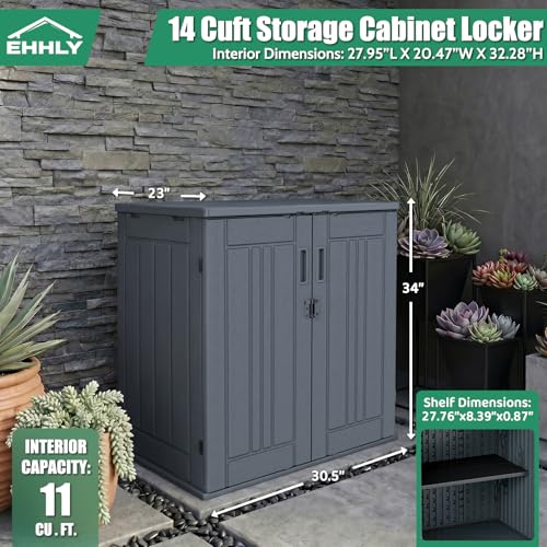 EHHLY Heavy Duty Small Storage Cabinet Outdoor Weatherproof, 14 Cuft Garage Storage Cabinet with 2 Adjustable Shelves, Lockable Kitchen Pantry Closer Organizer, 31Wx23Lx34H, Sage Grey