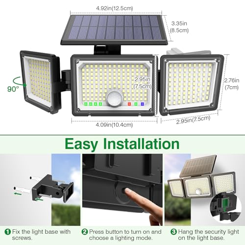 Solar Outdoor Lights Motion Sensor, 2500LM 286 LED Security Flood Lights with Visual Battery & Mode Display, 3 Lighting Modes, IP65 Waterproof 3-Head Wide Angle for Garage, Yard, Patio (2 Pack)
